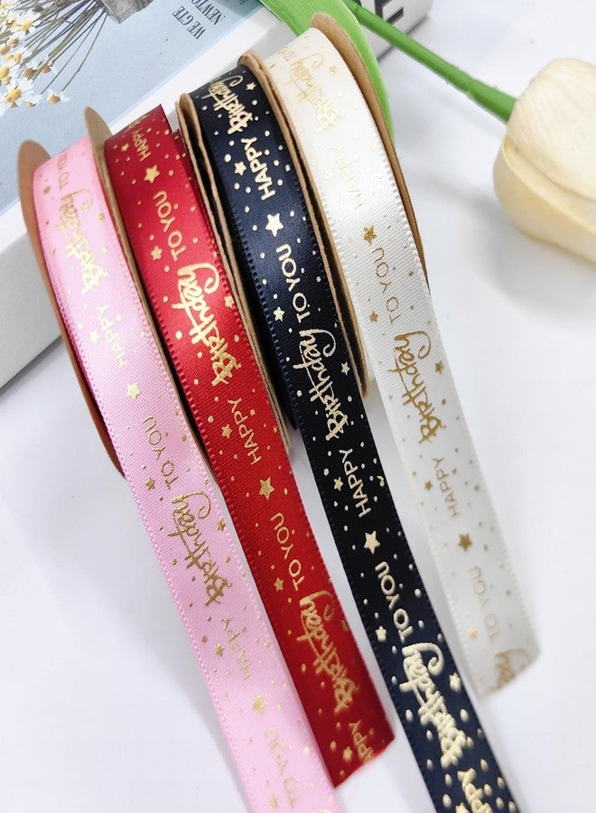 Wonesifee 4 Rolls Happy Birthday Ribbon Cake Decorations 5/8"/1.5cm Satin Gift Wrap Ribbons for Bouquet,Gold Stamping DIY Flower Birthday Wrapping,Craft Bow Making,Party Supplies 4colors 40yards/Pack - Image 2